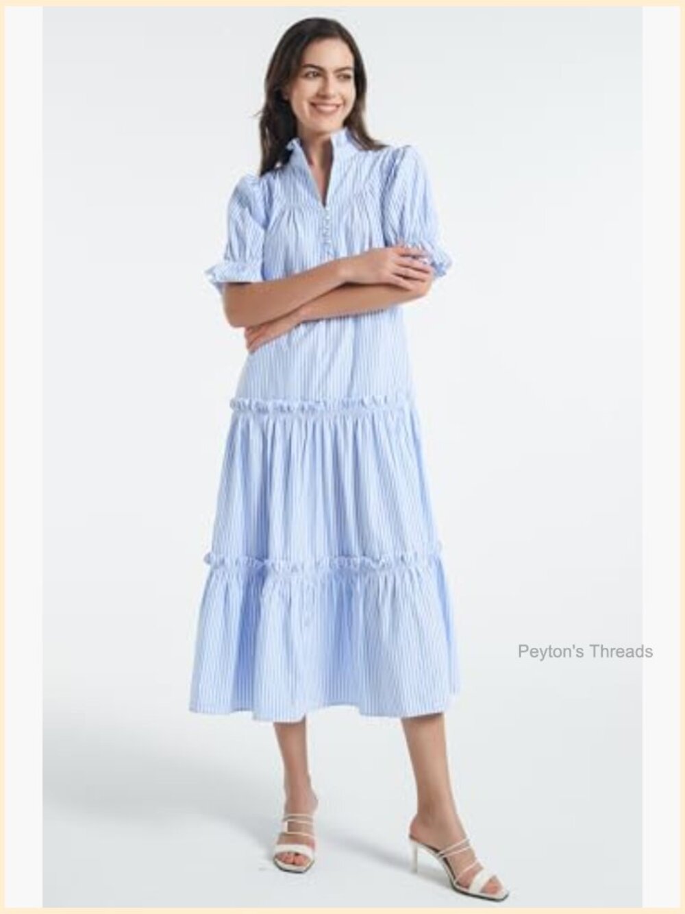 Women Casual Button Down Maxi Dress Short Puff Sleeves Stand Collar Tiered - Picture 6 of 7